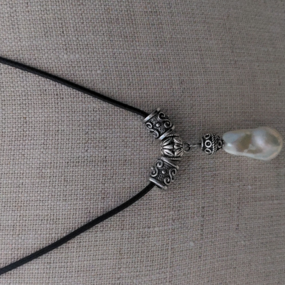 Baroque Pearl & Silver Pendant Necklace, New, Bali Beads, Black 18" + 2" Cord